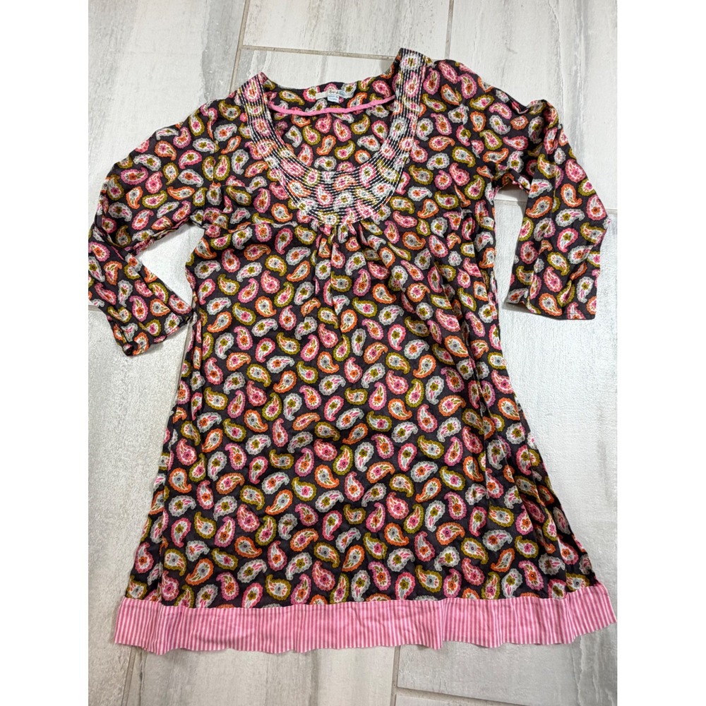 Boden Pink Orange Paisley Cotton Tunic Dress Smocked Neck 3/4 Sleeve US 6‎ UK 10